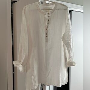 Anthro White Button-Up Tunic Top